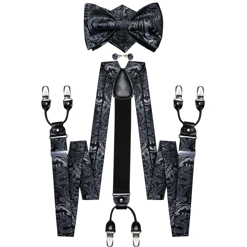 Grey Black Paisley Y Back Brace Clip-on Men's Suspender with Bow Tie Set sold by Ties2You