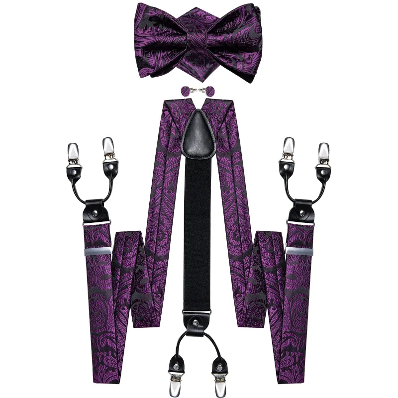 Purple Black Paisley Y Back Brace Clip-on Men's Suspender with Bow Tie Set sold by Ties2You