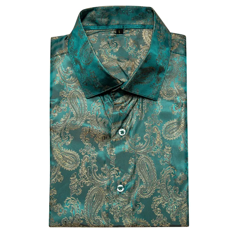 Ties2you Teal Dress Shirt Mens Gold Paisley Silk Casual Long Sleeve Button Down Shirt sold by Ties2You