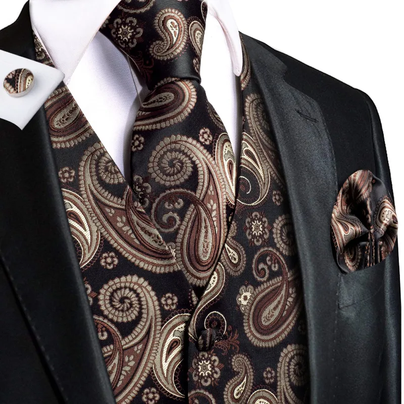 Black Brown Paisley Jacquard Silk Men's Vest Hanky Cufflinks Tie Set sold by Ties2You