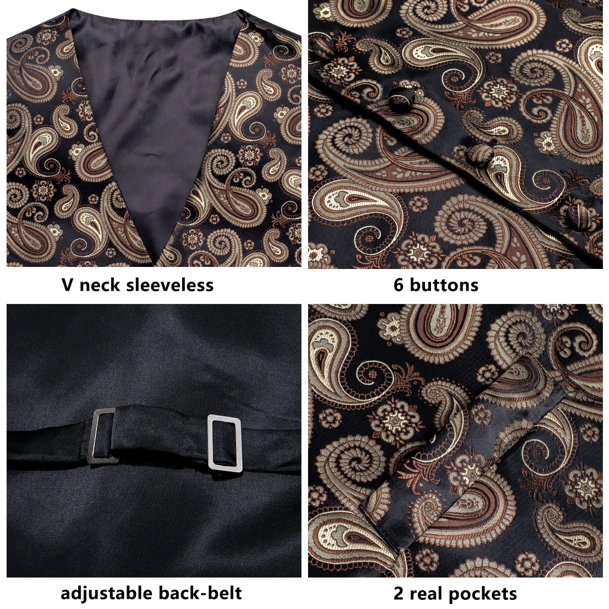 Black Brown Paisley Jacquard Silk Men's Vest Hanky Cufflinks Tie Set sold by Ties2You product image thumbnail 5