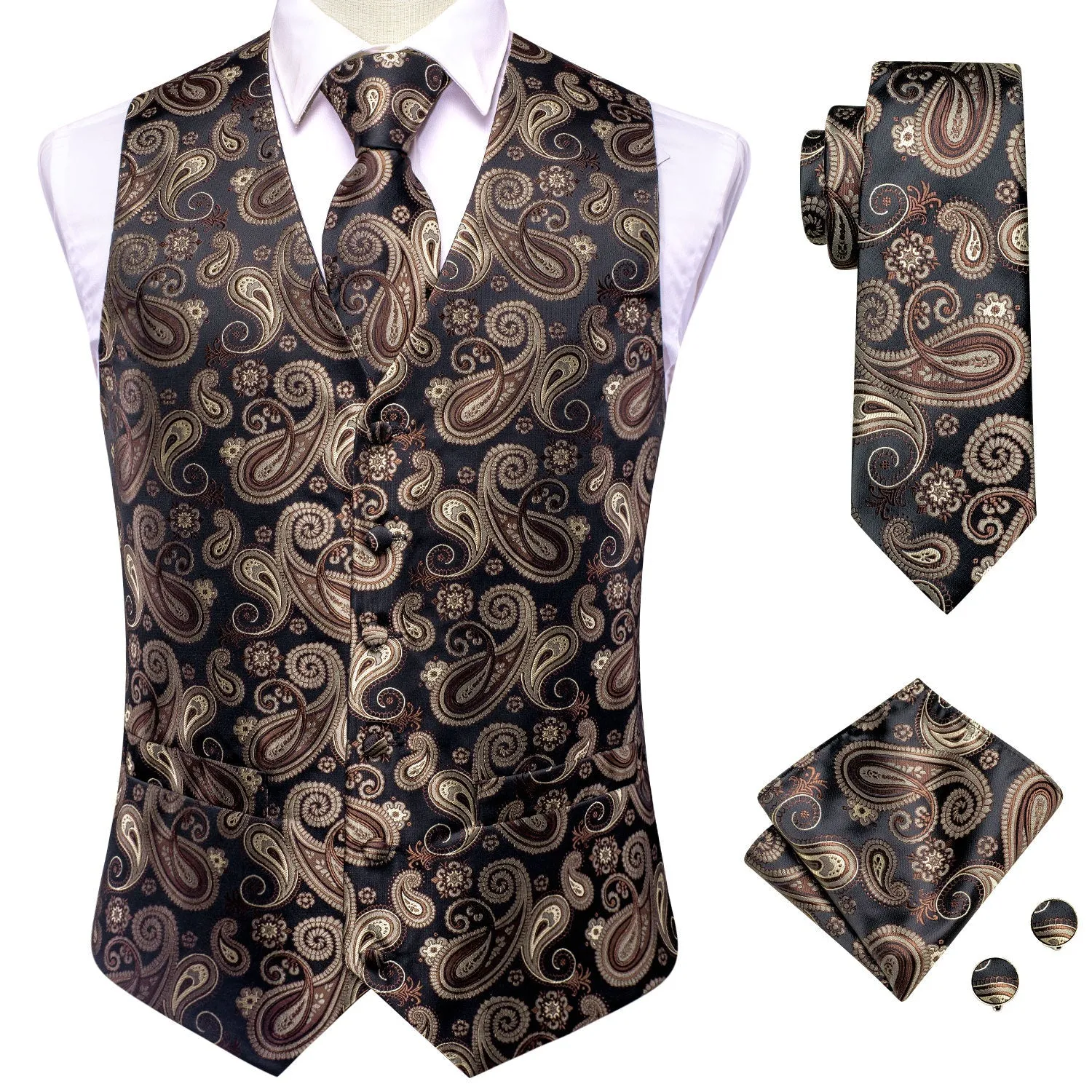 Black Brown Paisley Jacquard Silk Men's Vest Hanky Cufflinks Tie Set sold by Ties2You product image thumbnail 4