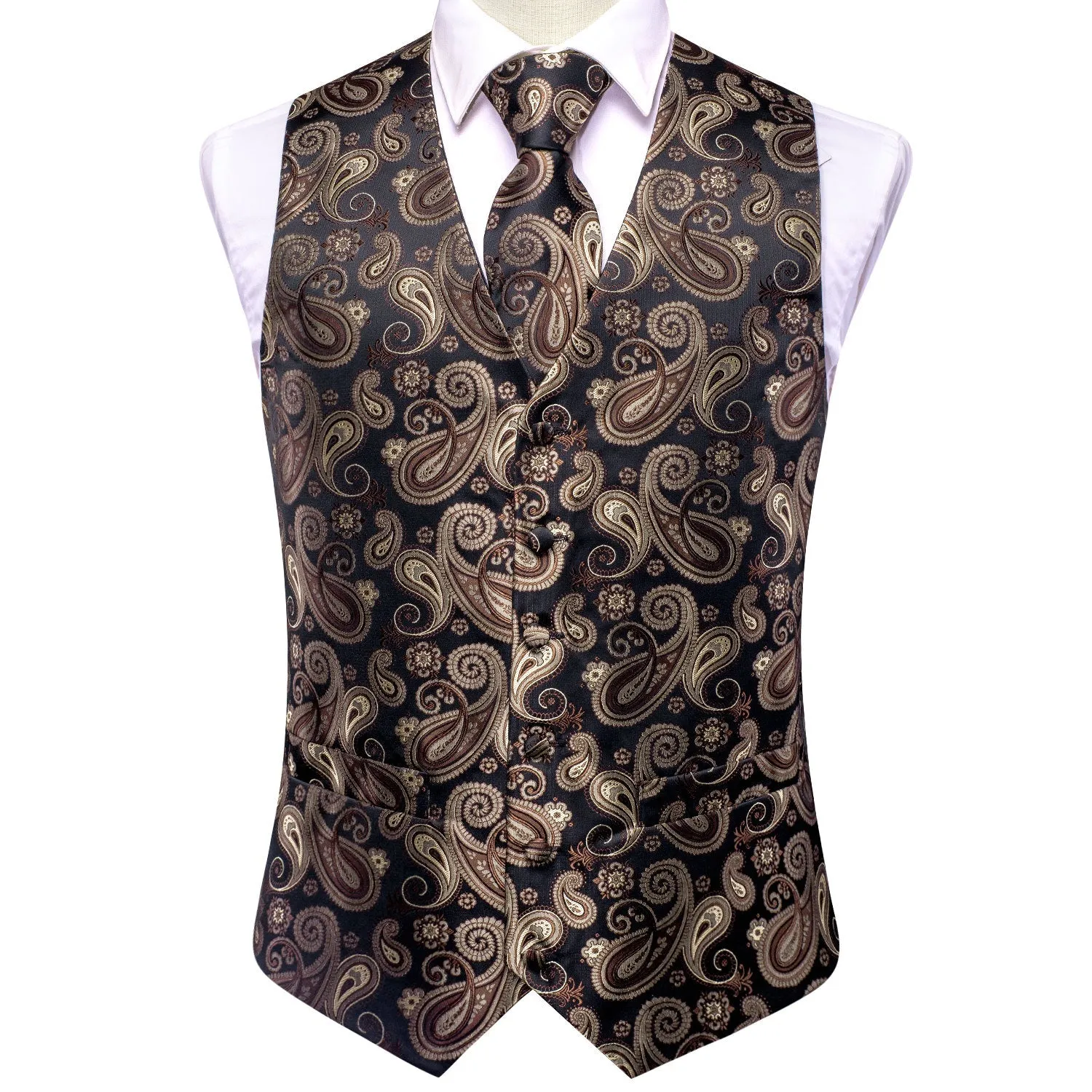Black Brown Paisley Jacquard Silk Men's Vest Hanky Cufflinks Tie Set sold by Ties2You product image thumbnail 3