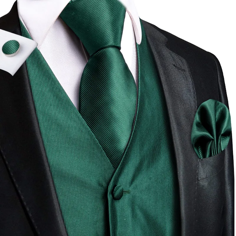Dark Green Solid Jacquard Silk Men's Vest Hanky Cufflinks Tie Set sold by Ties2You