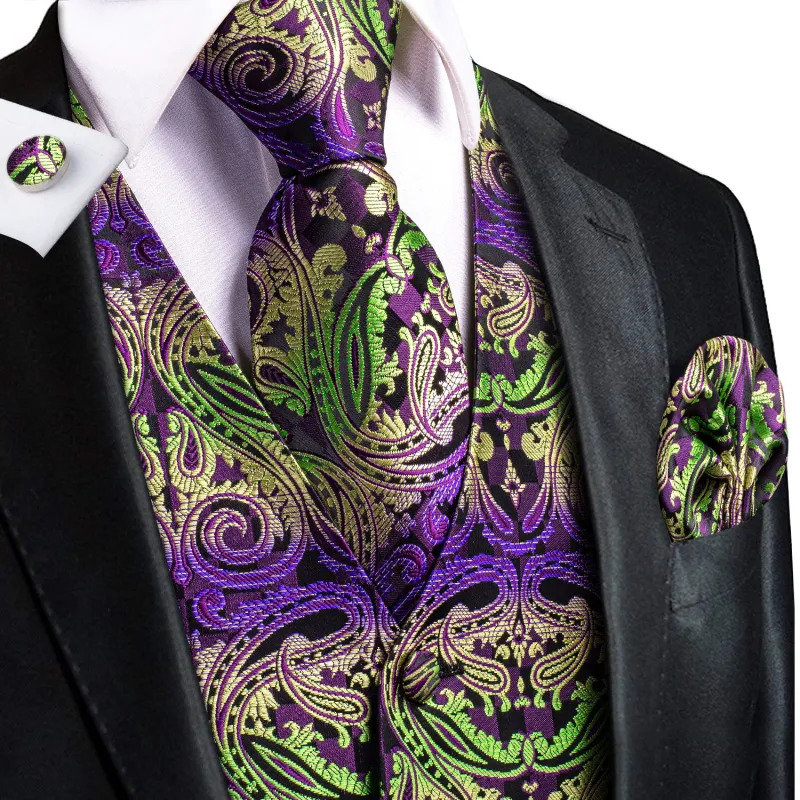 Ties2you Silk Paisley Dress Vest Purple Gold Green Suit Vest Tie Handkercheif Cufflinks Set sold by Ties2You