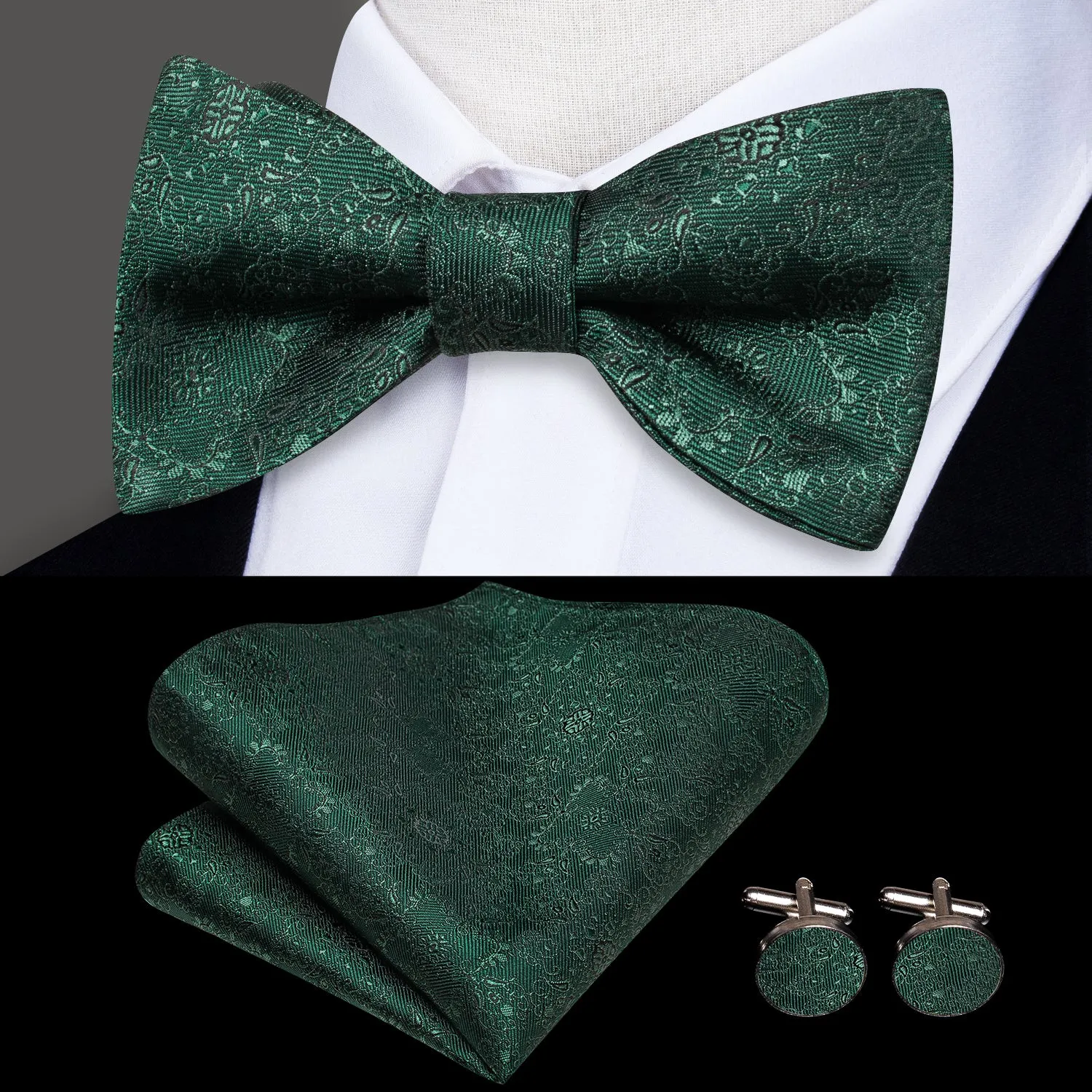 Dark Green Paisley Self-tied Bow Tie Pocket Square Cufflinks Set sold by Ties2You