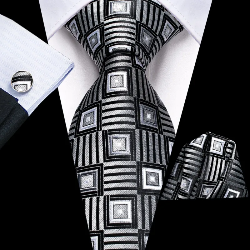 Black White Plaid 63 Inches Extra Long Men's Tie Handkerchief Cufflinks Set sold by Ties2You