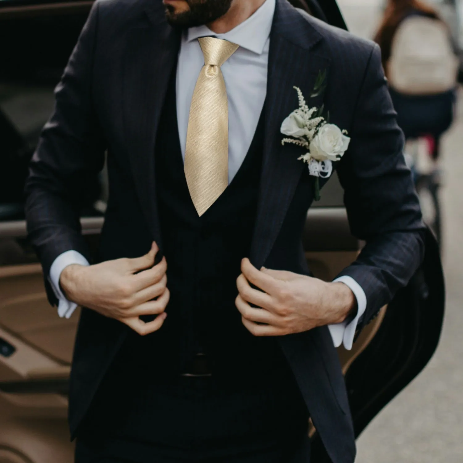 Ties2you Champagne Solid Tie Striped Silk Wedding Tie Handkerchief Cufflinks Set sold by Ties2You product image thumbnail 2