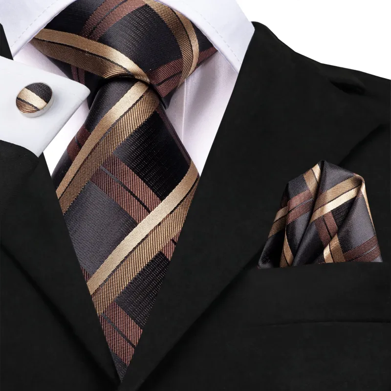 Black Brown Plaid Men's Tie Handkerchief Cufflinks Set sold by Ties2You