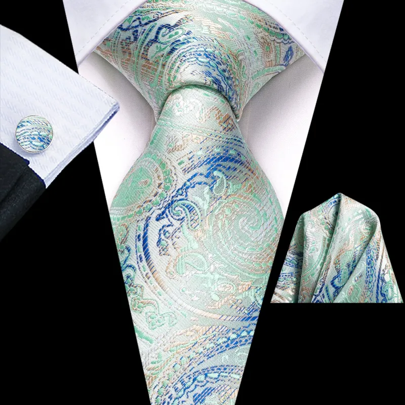 Ties2you Paisley Suit Necktie Aqua Silk Business Tie Handkercheif Cufflinks Set sold by Ties2You