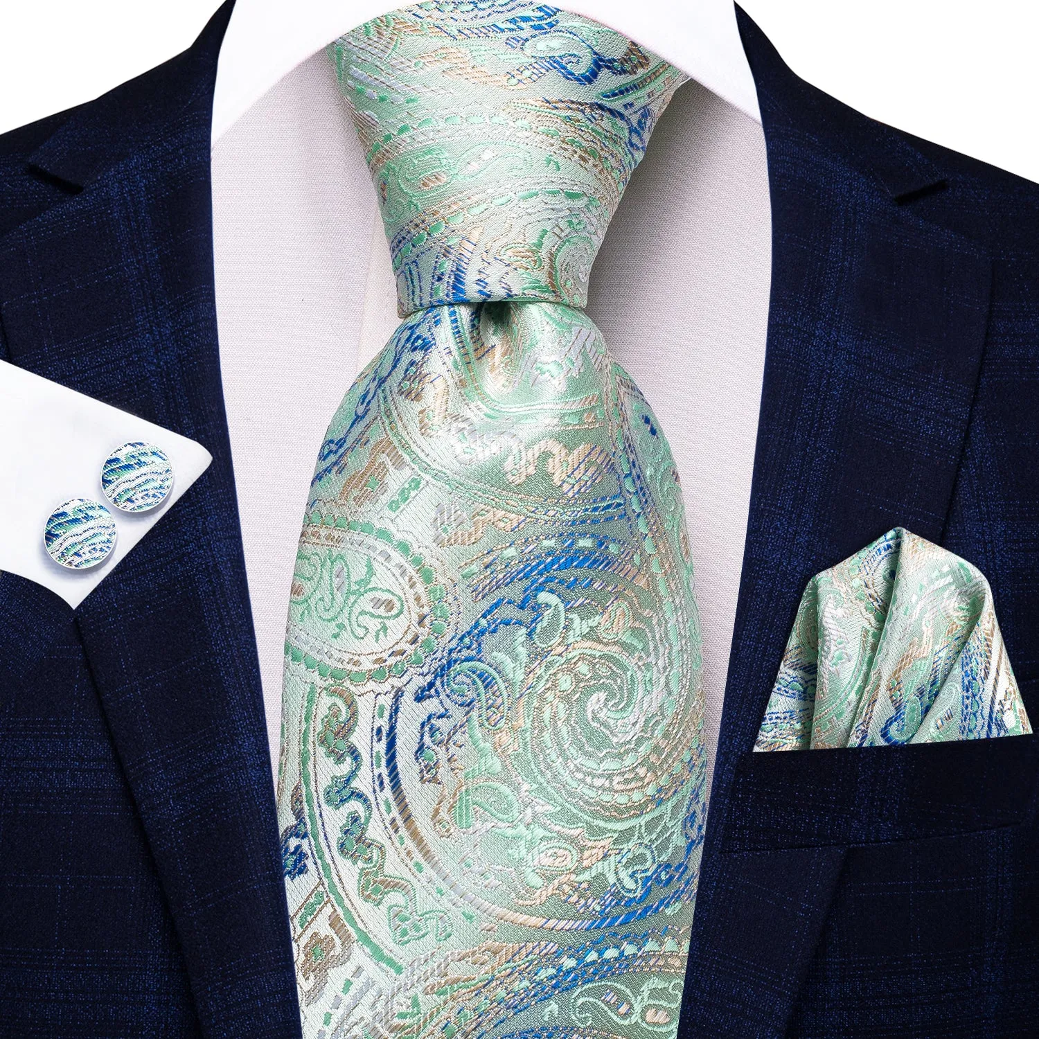 Ties2you Paisley Suit Necktie Aqua Silk Business Tie Handkercheif Cufflinks Set sold by Ties2You product image thumbnail 2