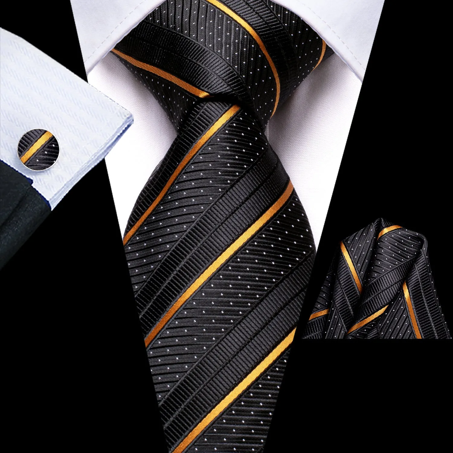 Black Golden Striped Men's Tie Handkerchief Cufflinks Set sold by Ties2You