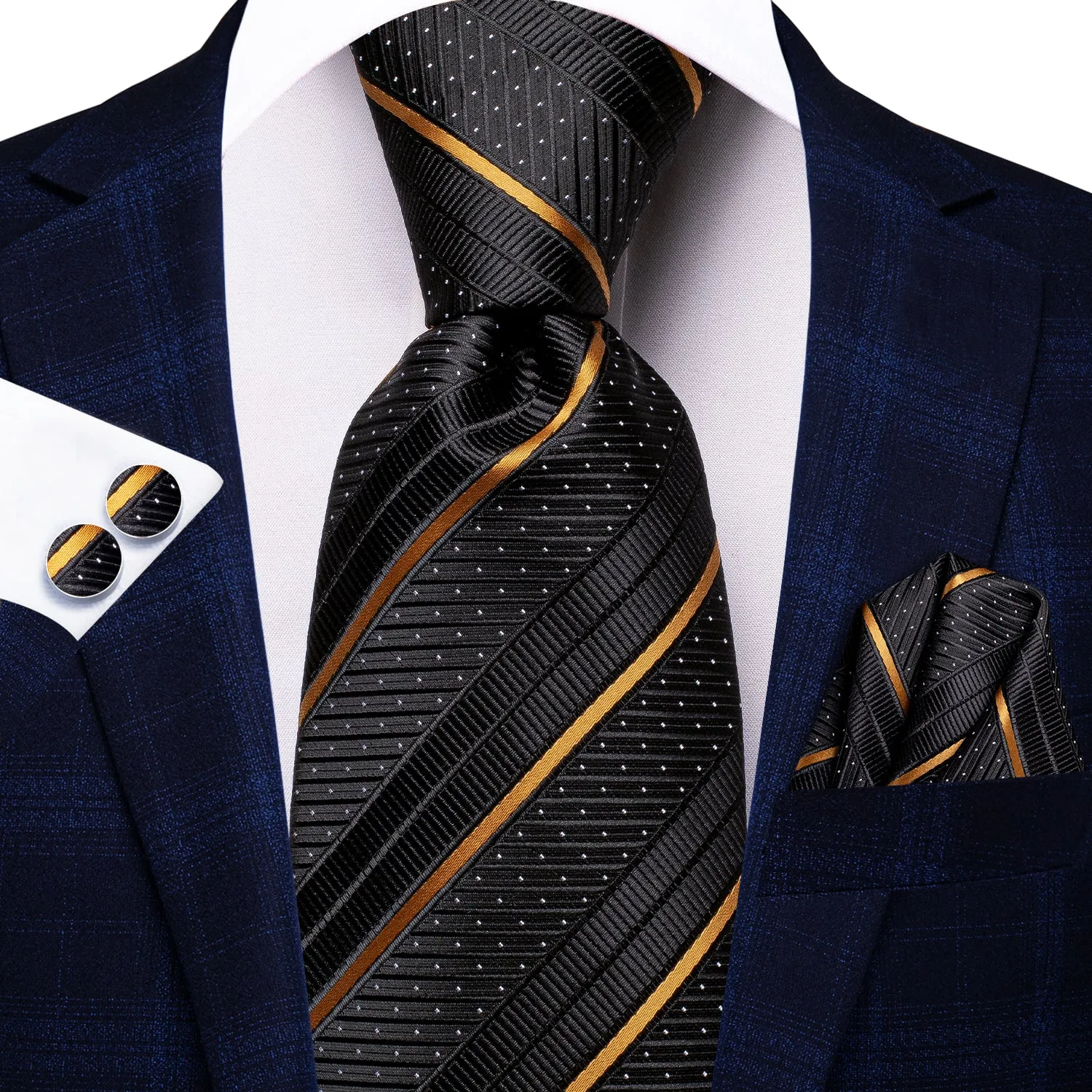Black Golden Striped Men's Tie Handkerchief Cufflinks Set sold by Ties2You product image thumbnail 2