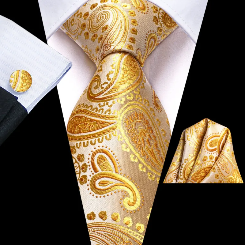 Golden Paisley Men's Tie Handkerchief Cufflinks Set sold by Ties2You