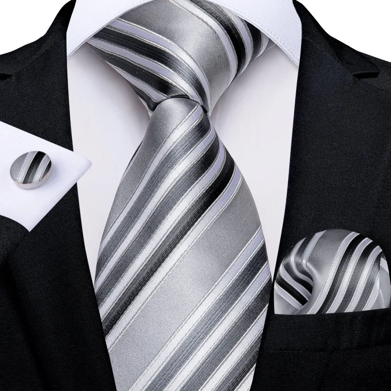 Grey Striped Necktie Pocket Square Cufflinks Set sold by Ties2You