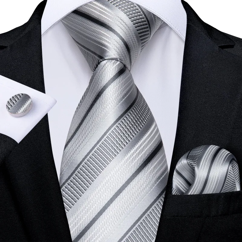 Silver Grey Striped Necktie Pocket Square Cufflinks Set made by Ties2You
