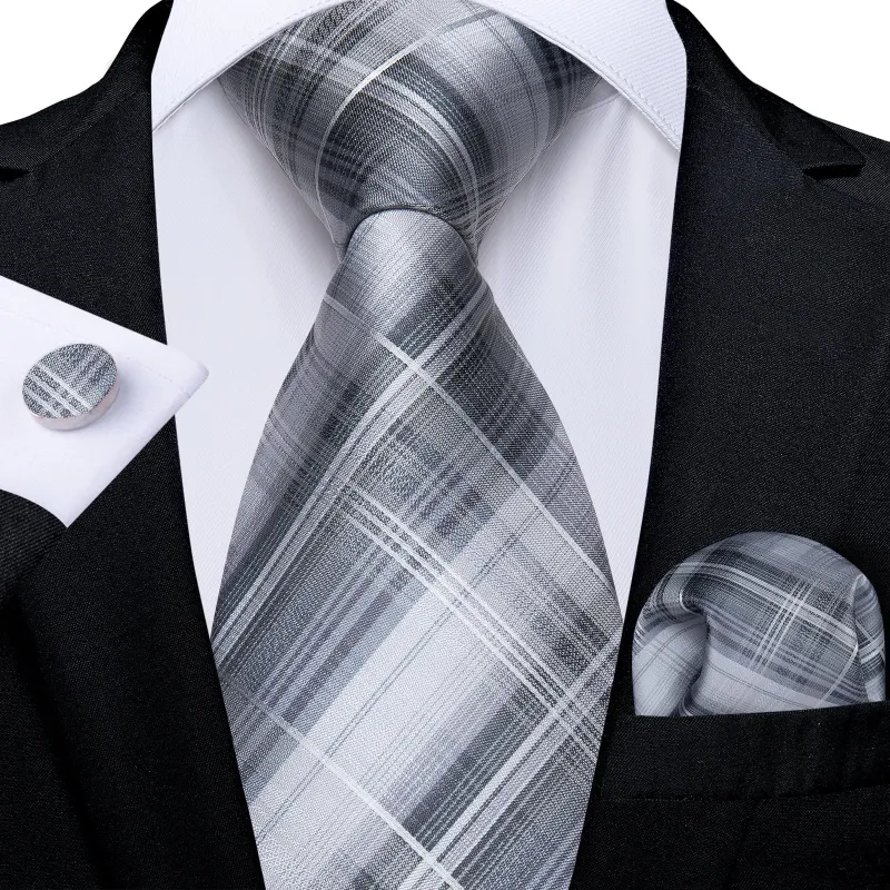 White Grey Plaid Necktie Pocket Square Cufflinks Set sold by Ties2You