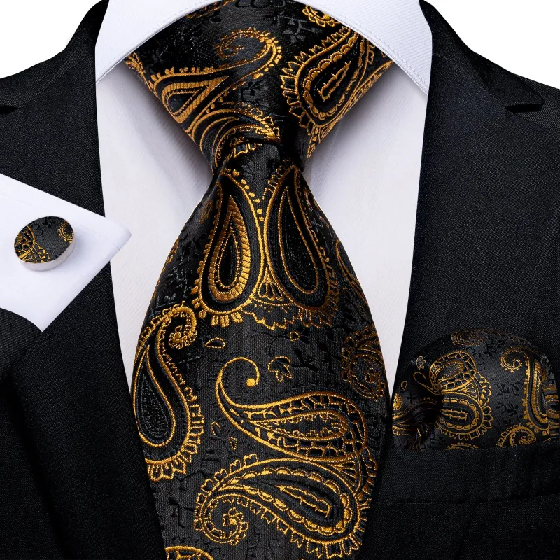 Luxury Black Golden Paisley Necktie Pocket Square Cufflinks Set sold by Ties2You