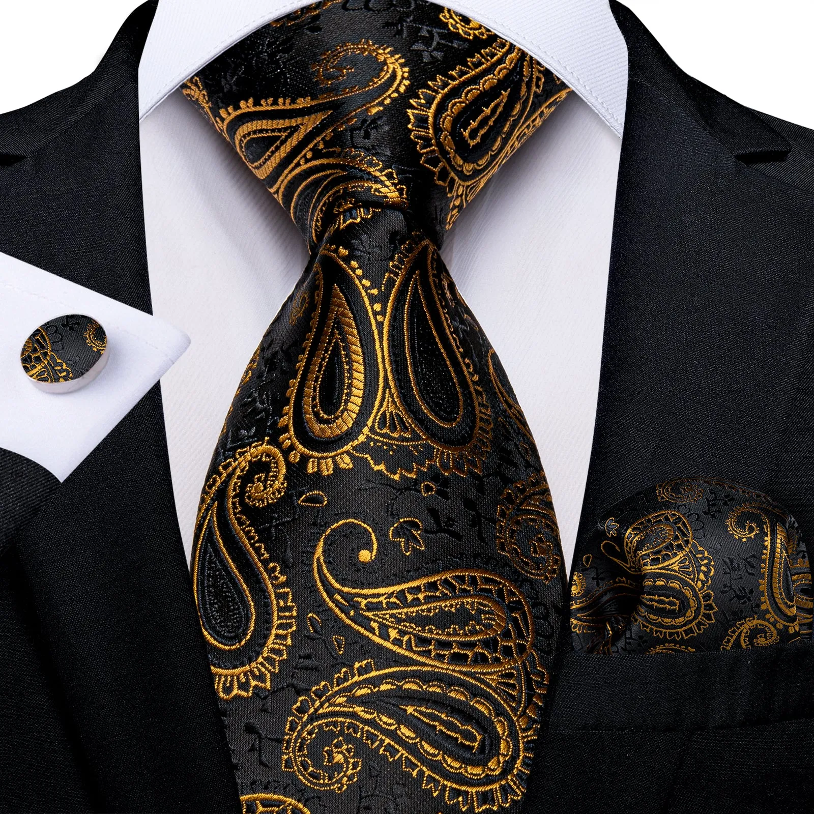 Luxury Black Golden Paisley Necktie Pocket Square Cufflinks Set sold by Ties2You