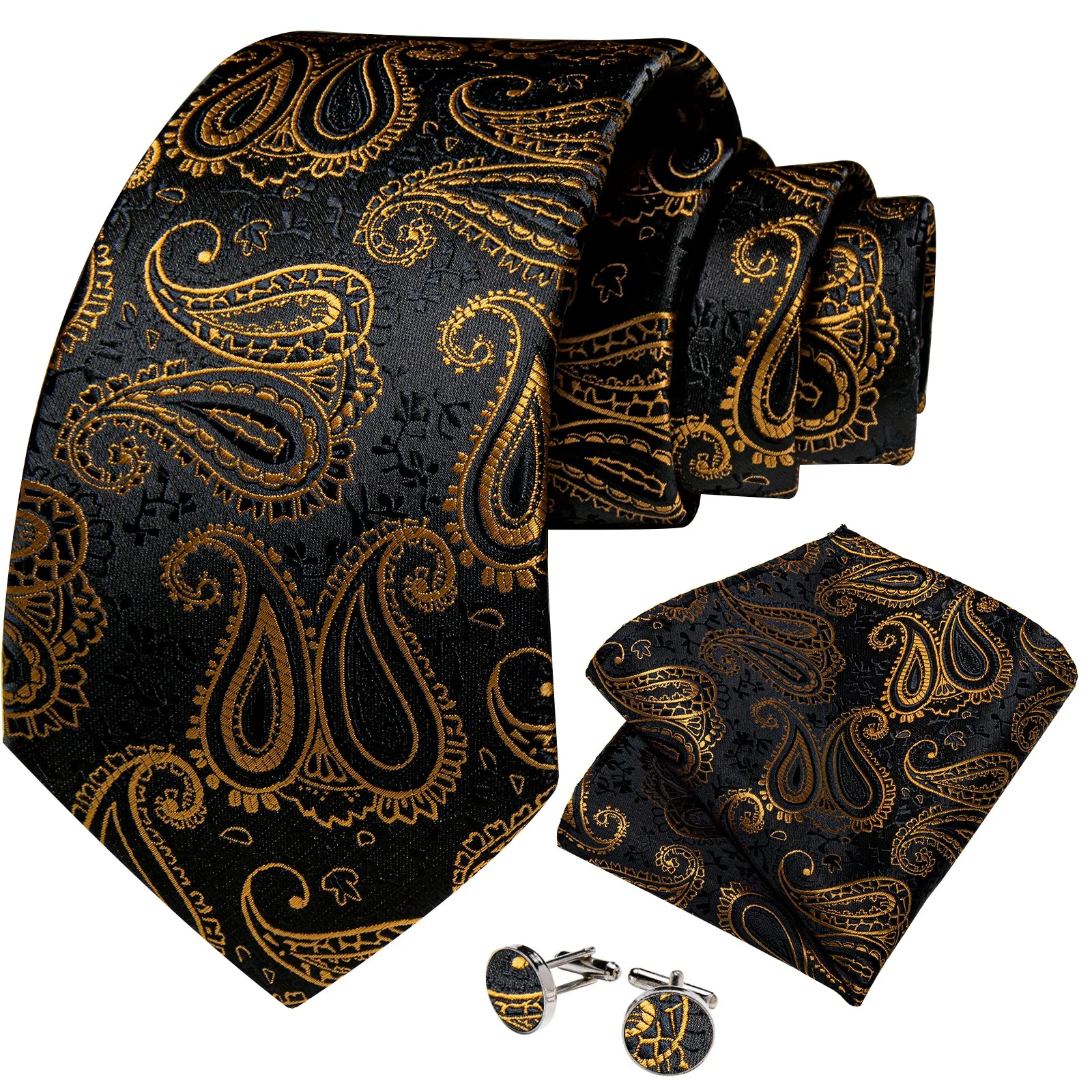 Luxury Black Golden Paisley Necktie Pocket Square Cufflinks Set sold by Ties2You product image thumbnail 2
