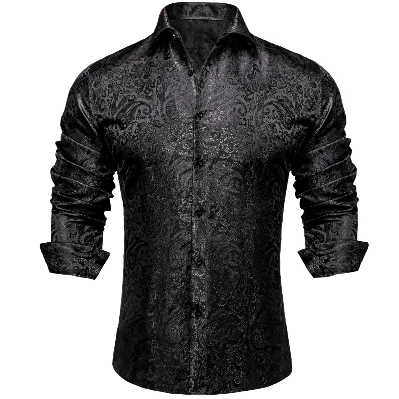 Ties2you Mens Paisley Dress Shirt Black Silk Long Sleeve Button Down Shirt sold by Ties2You