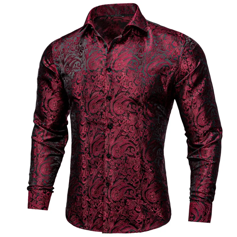 Ties2you Button Down Shirt Dark Red Paisley Silk Men's Long Sleeve Shirt sold by Ties2You