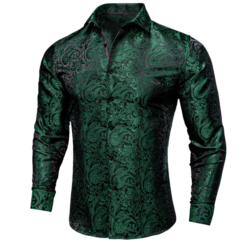 Ties2you Mens Paisley Dress Shirt Hunter Green Silk Long Sleeve Button Down Shirt sold by Ties2You