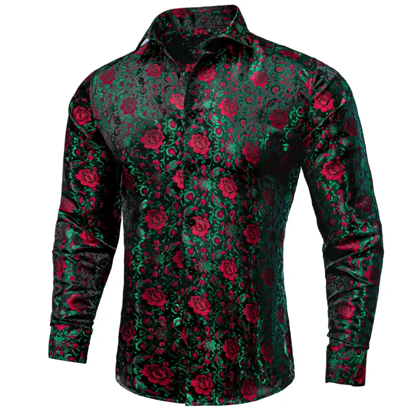 Dark Green Red Floral Pattern Silk Men's Long Sleeve Shirt sold by Ties2You