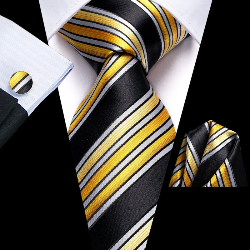 Black Golden Striped Men's Tie Handkerchief Cufflinks Set sold by Ties2You