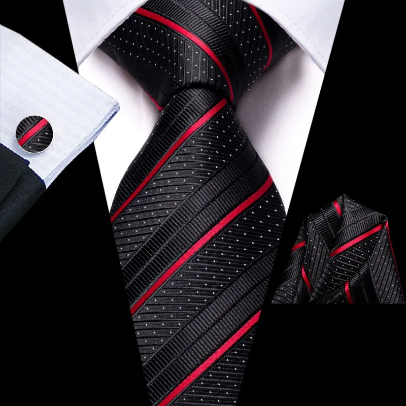 Ties2you Silk Black Necktie Red Striped Business Suit Tie Pocket Square Cufflinks Set sold by Ties2You