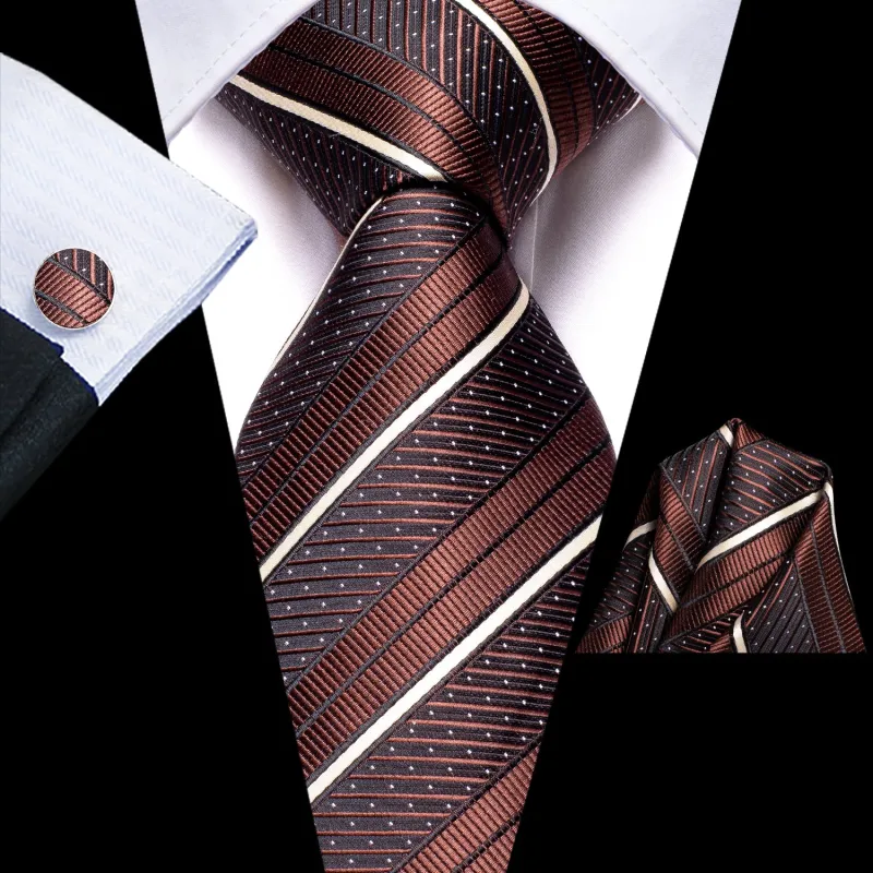 Brown Striped Men's Tie Handkerchief Cufflinks Set sold by Ties2You