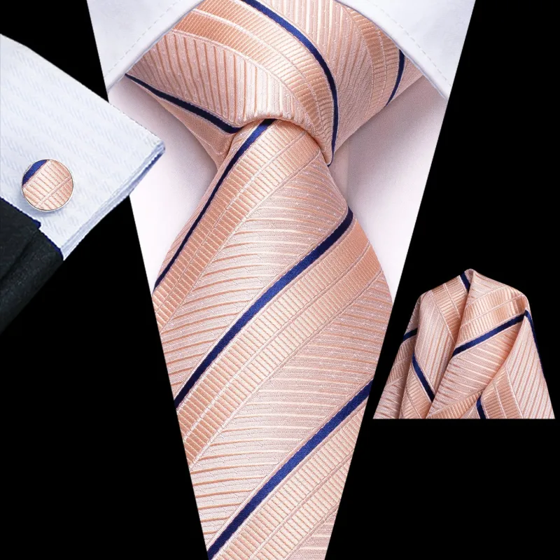 Pink Blue Striped Men's Tie Handkerchief Cufflinks Set sold by Ties2You