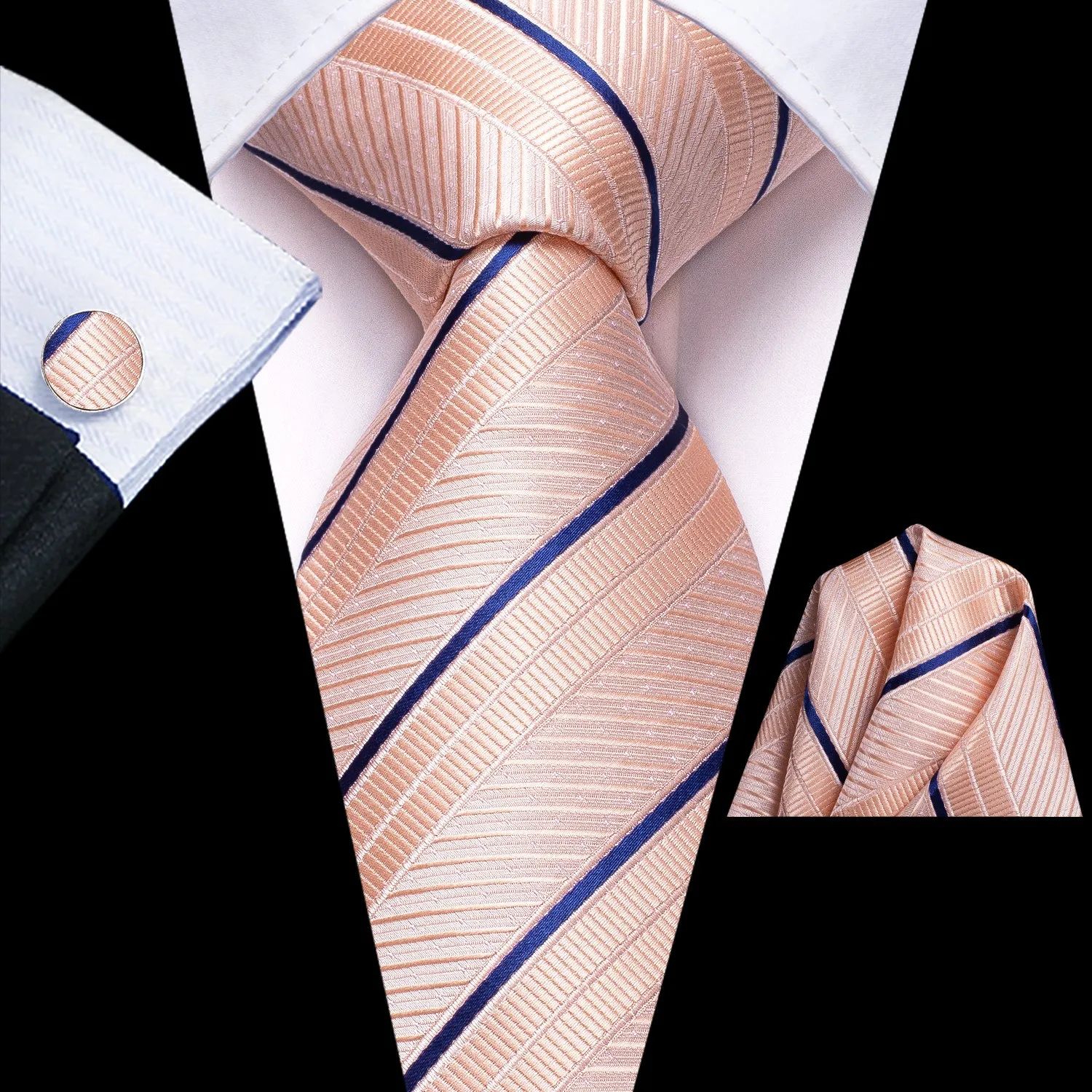 Pink Blue Striped Men's Tie Handkerchief Cufflinks Set sold by Ties2You