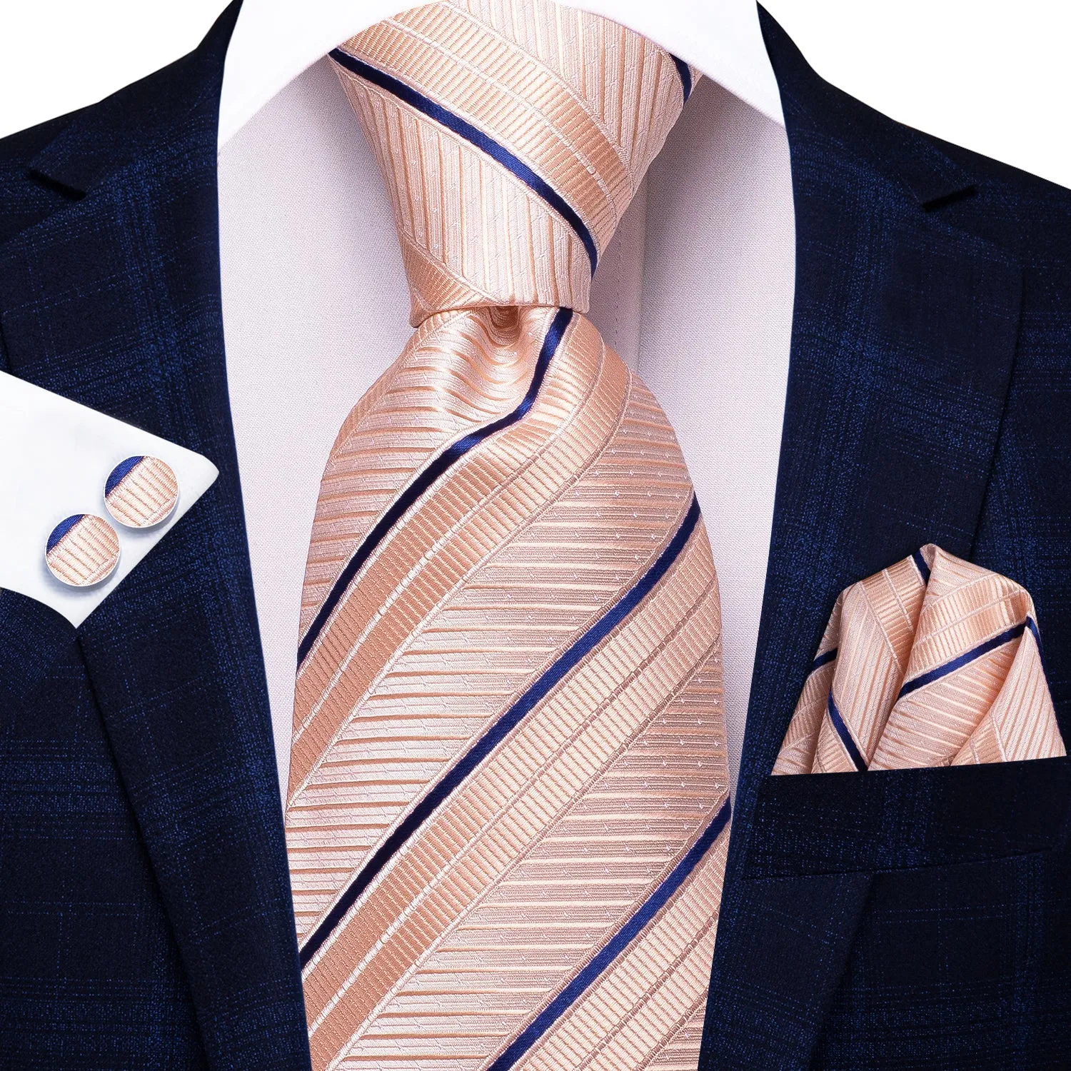 Pink Blue Striped Men's Tie Handkerchief Cufflinks Set sold by Ties2You product image thumbnail 2
