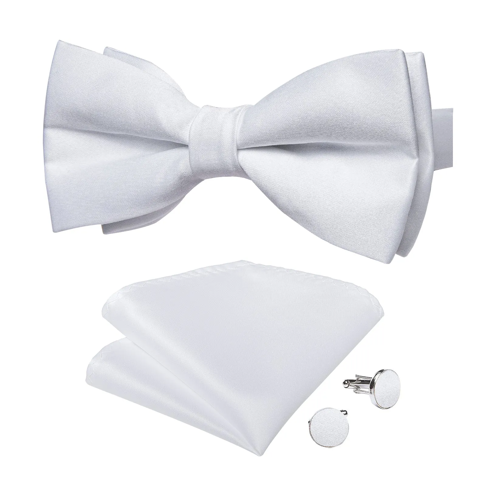 White Solid Men's Pre-tied Bowtie Pocket Square Cufflinks Set sold by Ties2You product image thumbnail 4