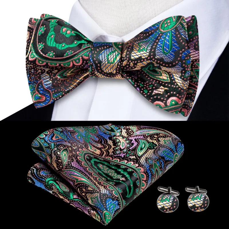 Green Blue Gradient Paisley Self-tied Bow Tie Pocket Square Cufflinks Set made by Ties2You