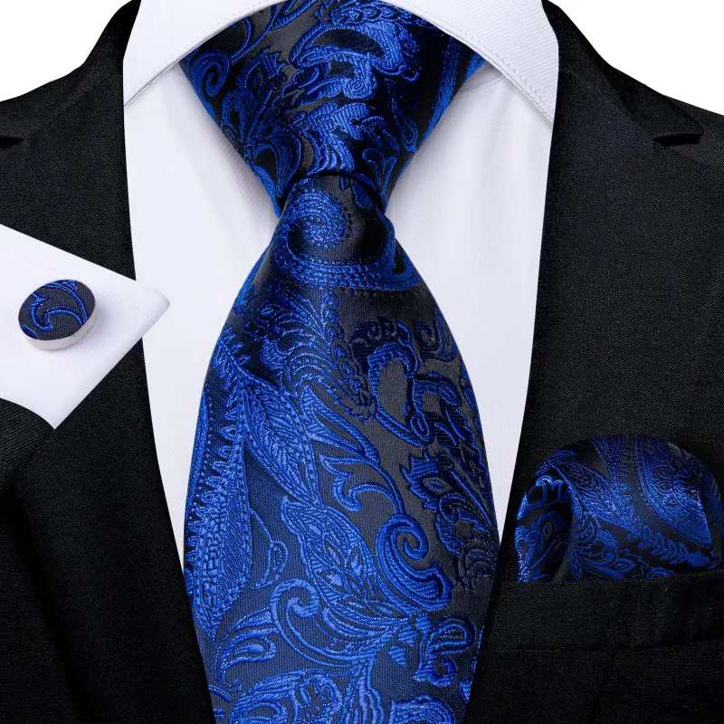 Black Blue Paisley Silk Men's Necktie Pocket Square Cufflinks Set sold by Ties2You