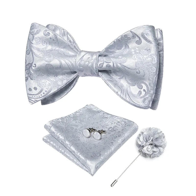 Silver Paisley Self-tied Bow Tie Pocket Square Cufflinks Set with Lapel Pin sold by Ties2You
