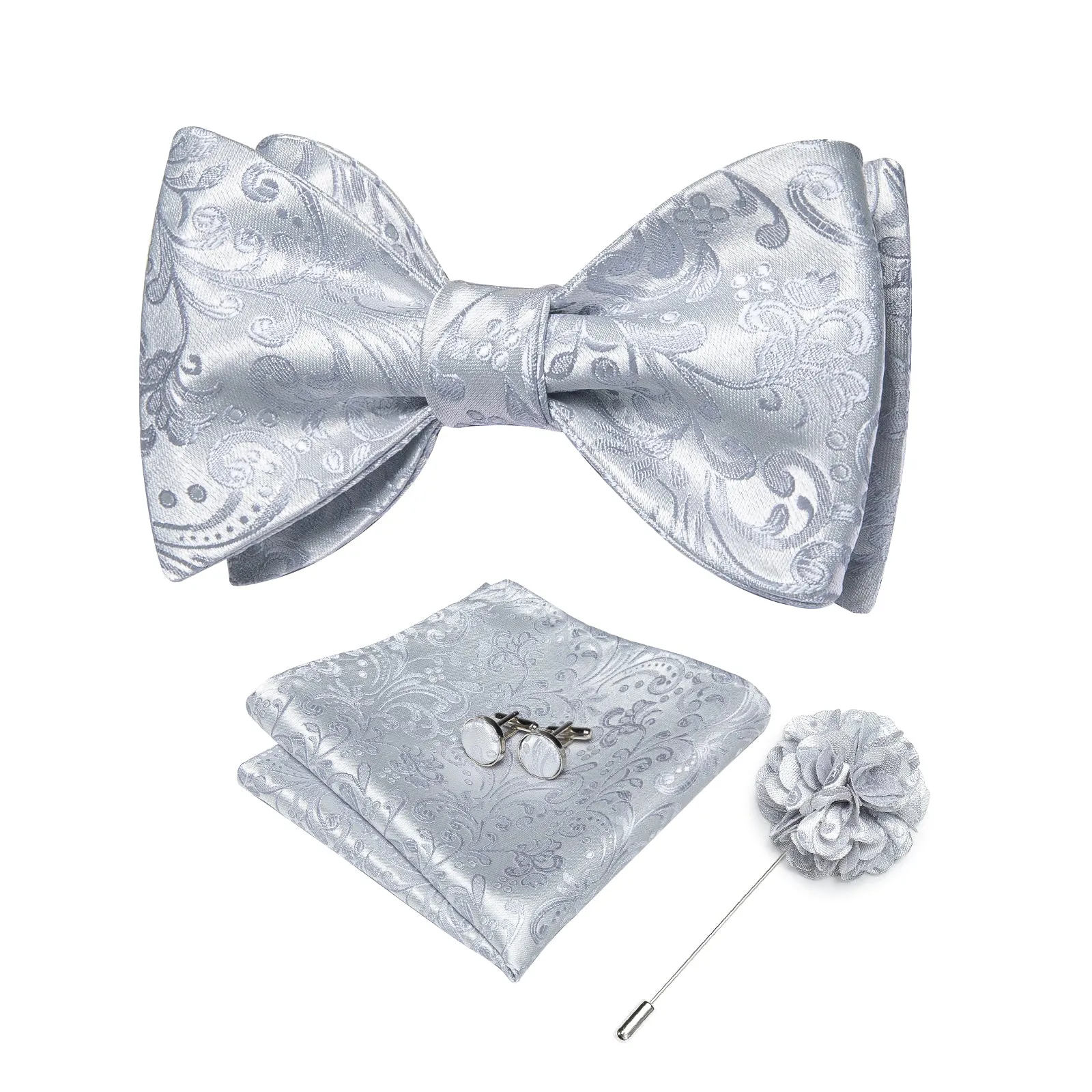 Silver Paisley Self-tied Bow Tie Pocket Square Cufflinks Set with Lapel Pin sold by Ties2You