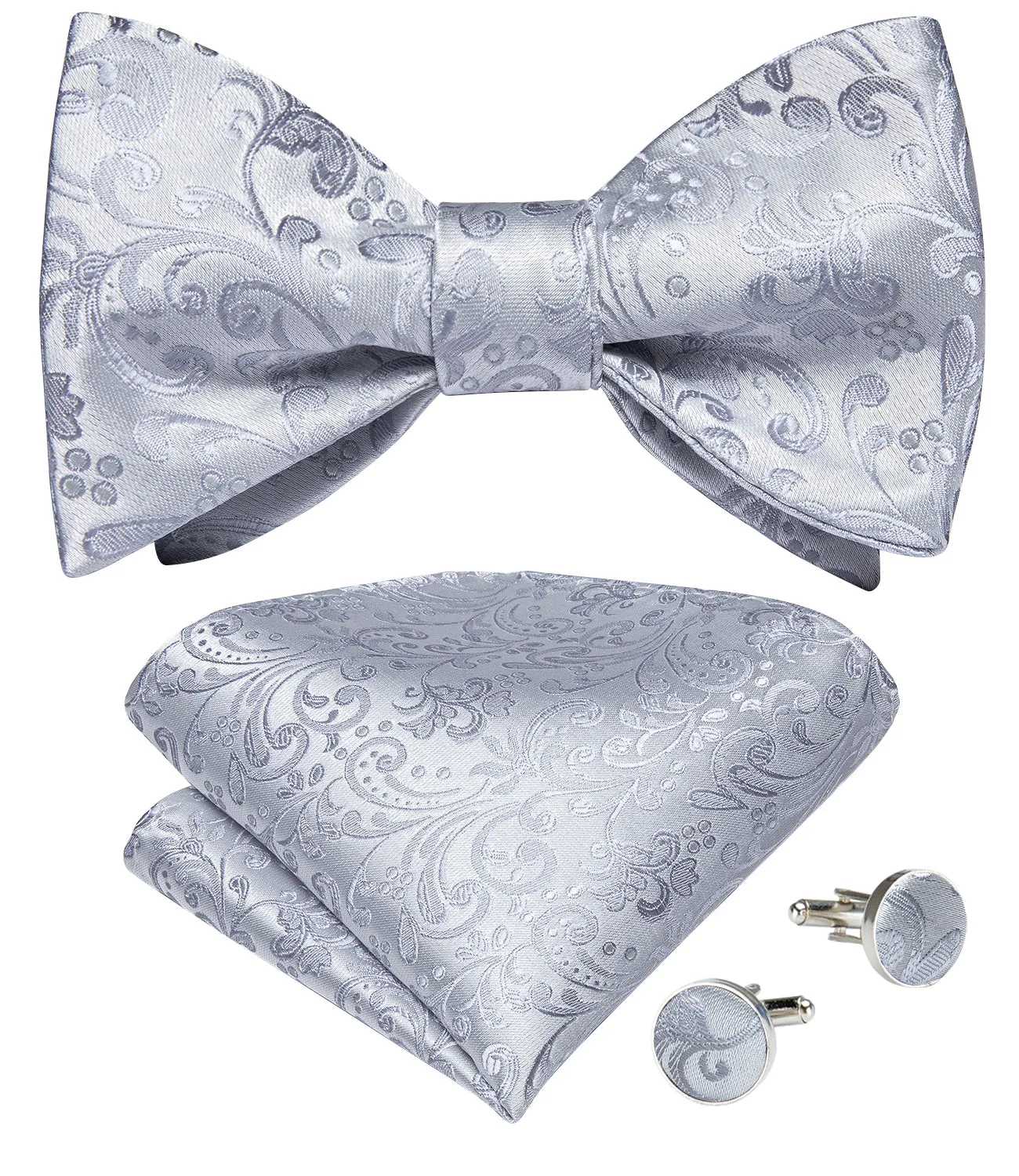 Silver Paisley Self-tied Bow Tie Pocket Square Cufflinks Set with Lapel Pin sold by Ties2You product image thumbnail 2