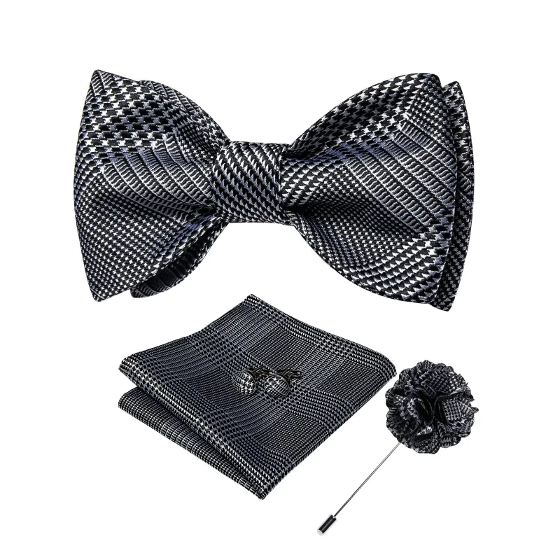 Black Novelty Houndstooth Self-tied Bow Tie Pocket Square Cufflinks Set with Lapel Pin sold by Ties2You