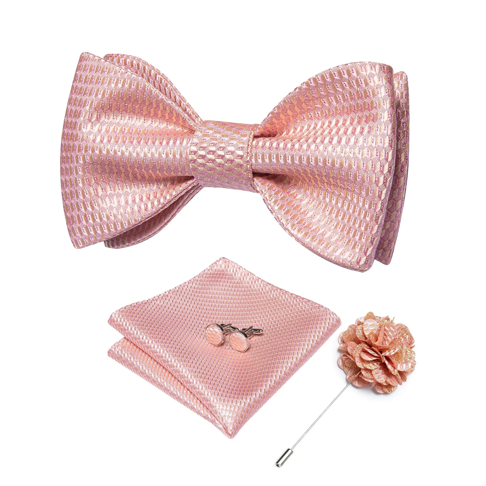 Pink Plaid Self-Bowtie Pocket Square Cufflinks Set with Lapel Pin sold by Ties2You