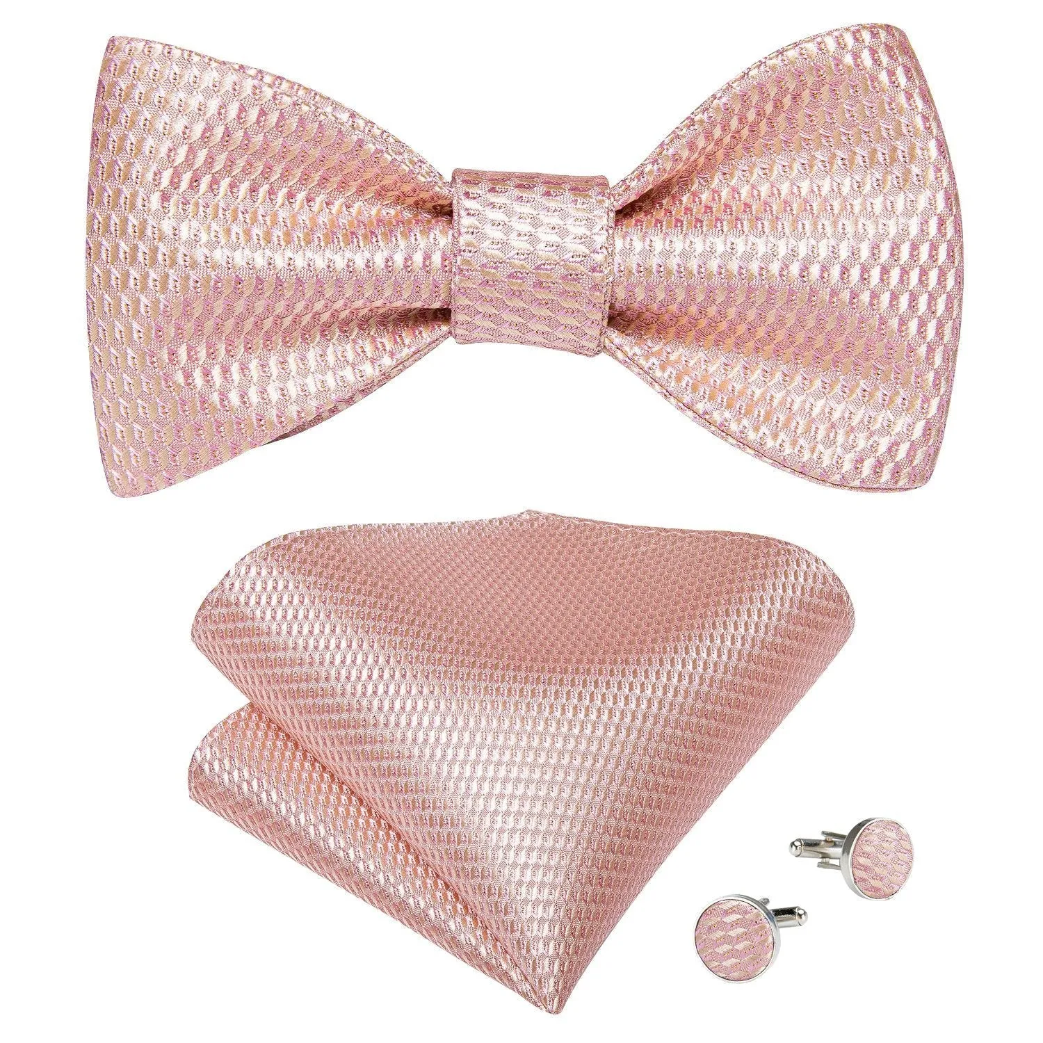 Pink Plaid Self-Bowtie Pocket Square Cufflinks Set with Lapel Pin sold by Ties2You product image thumbnail 3