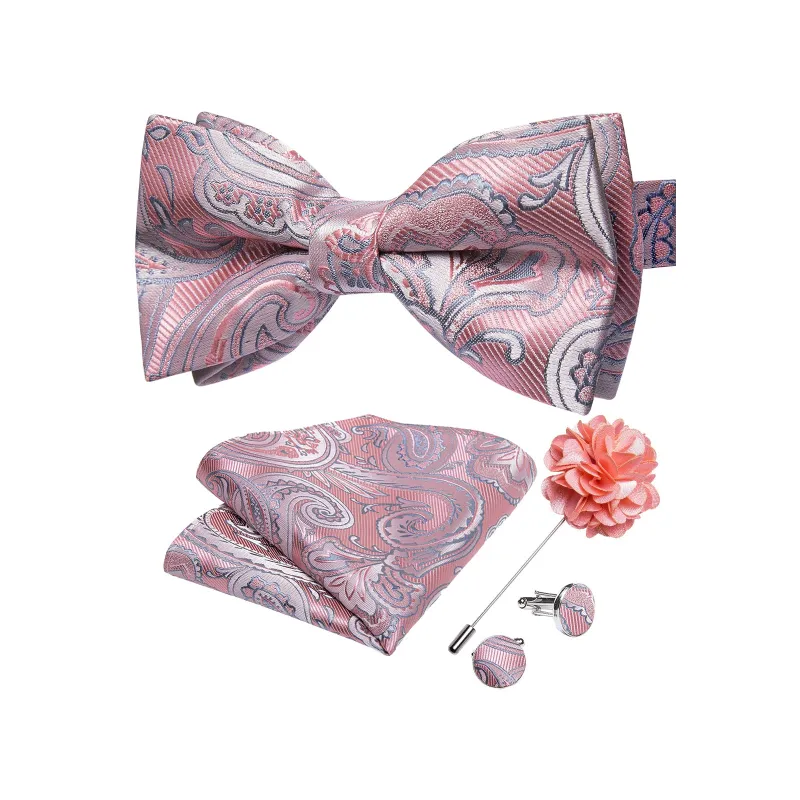 Pink Paisley Men's Pre-tied Bowtie Pocket Square Cufflinks Set with Lapel Pin sold by Ties2You