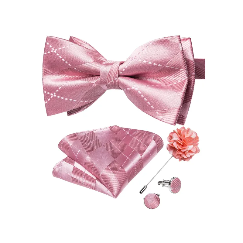 Shiny Pink Plaid Men's Pre-tied Bowtie Pocket Square Cufflinks Set with Lapel Pin sold by Ties2You