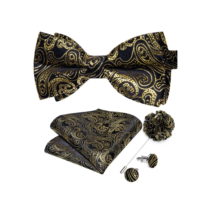 Black Golden Paisley Men's Pre-tied Bowtie Pocket Square Cufflinks Set with Lapel Pin sold by Ties2You
