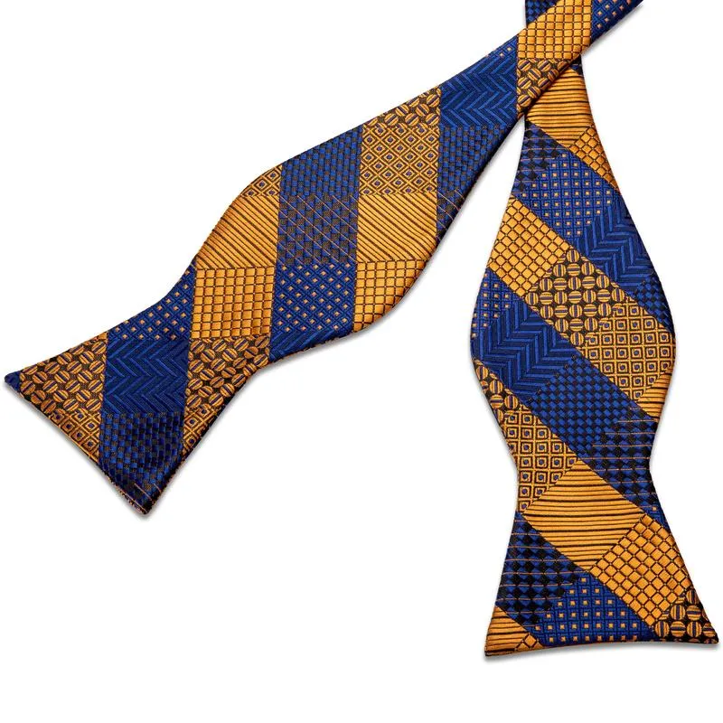 Yellow Blue Plaid Self-tied Bow Tie Pocket Square Cufflinks Set with Lapel Pin sold by Ties2You product image thumbnail 3