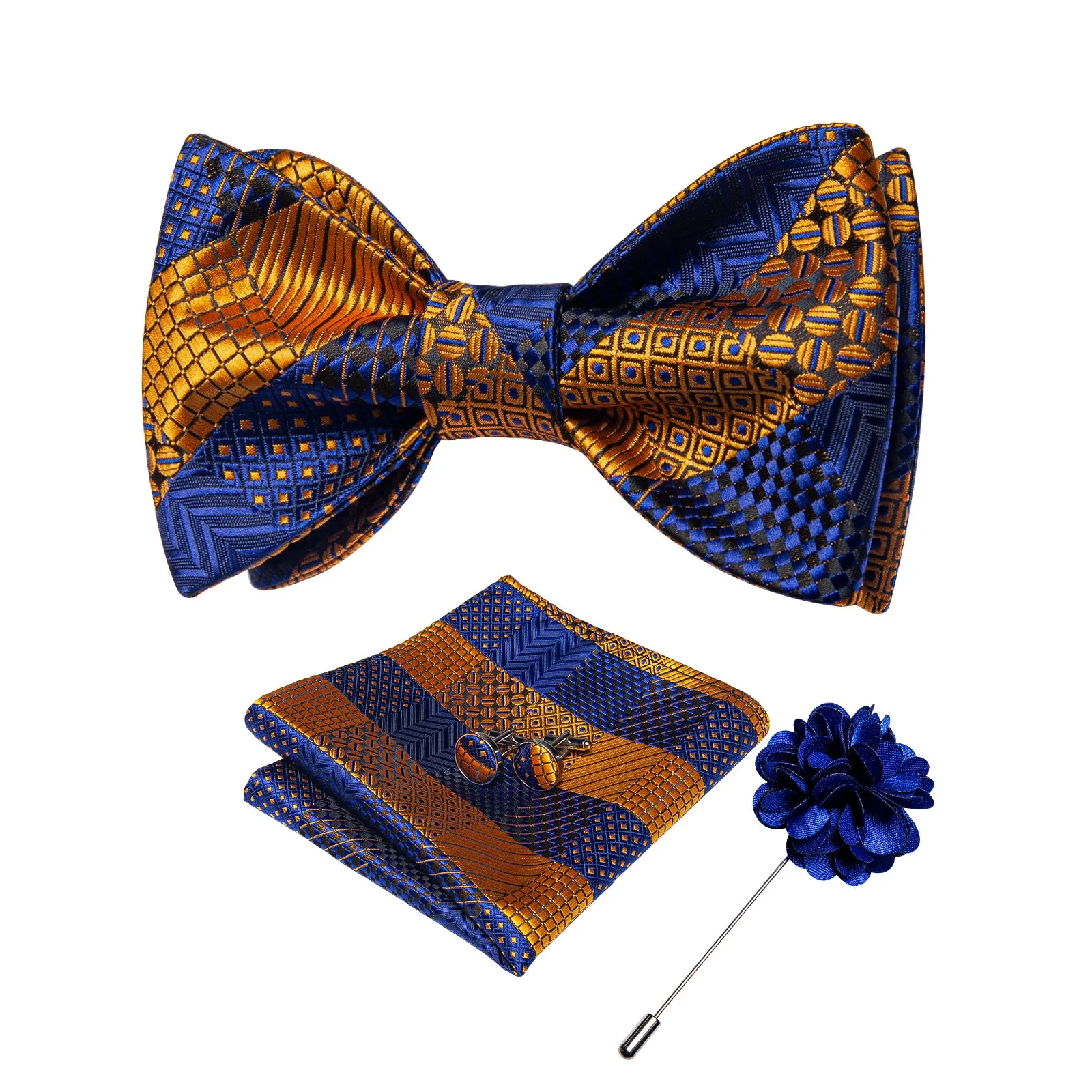 Yellow Blue Plaid Self-tied Bow Tie Pocket Square Cufflinks Set with Lapel Pin sold by Ties2You