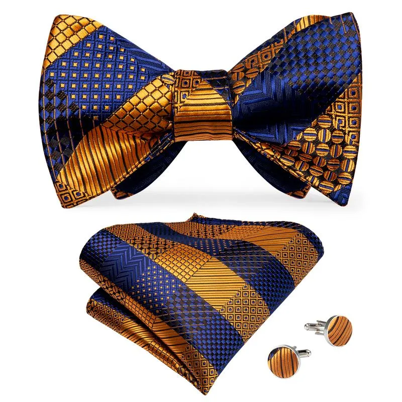 Yellow Blue Plaid Self-tied Bow Tie Pocket Square Cufflinks Set with Lapel Pin sold by Ties2You product image thumbnail 2