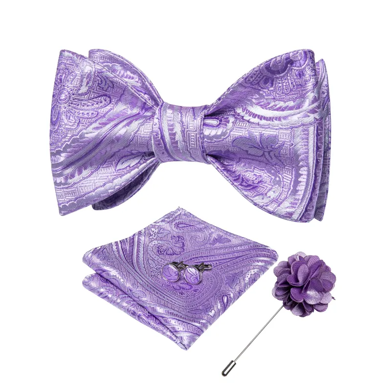 Purple Paisley Self-tied Bow Tie Pocket Square Cufflinks Set with Lapel Pin sold by Ties2You